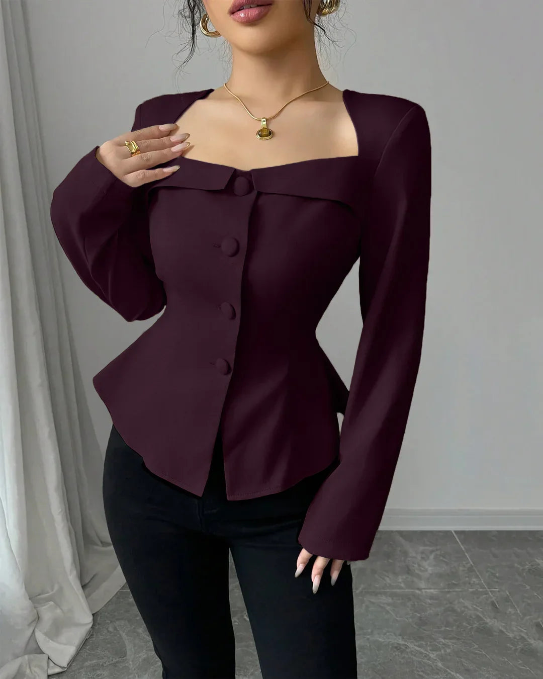 Rust Square Neck Buttoned Peplum Full Sleeve Top