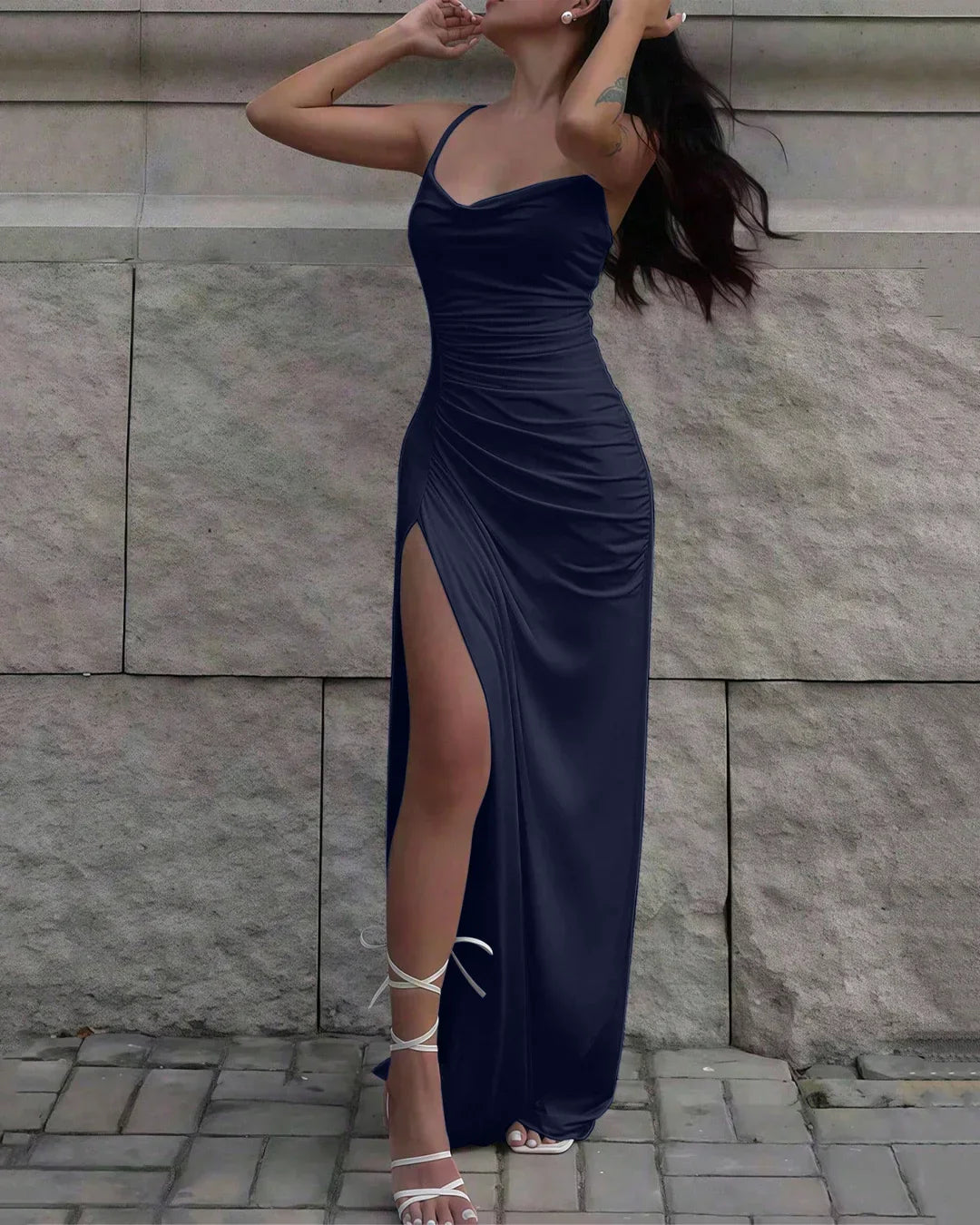Navy Blue Ruched Spaghetti Strap Slit Maxi Dress