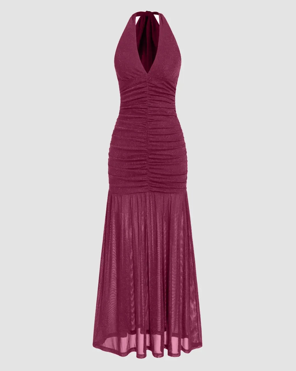 Mesh Halter Neckline Glitter Ruched Maxi Dress in Maroon