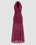 Mesh Halter Neckline Glitter Ruched Maxi Dress in Maroon