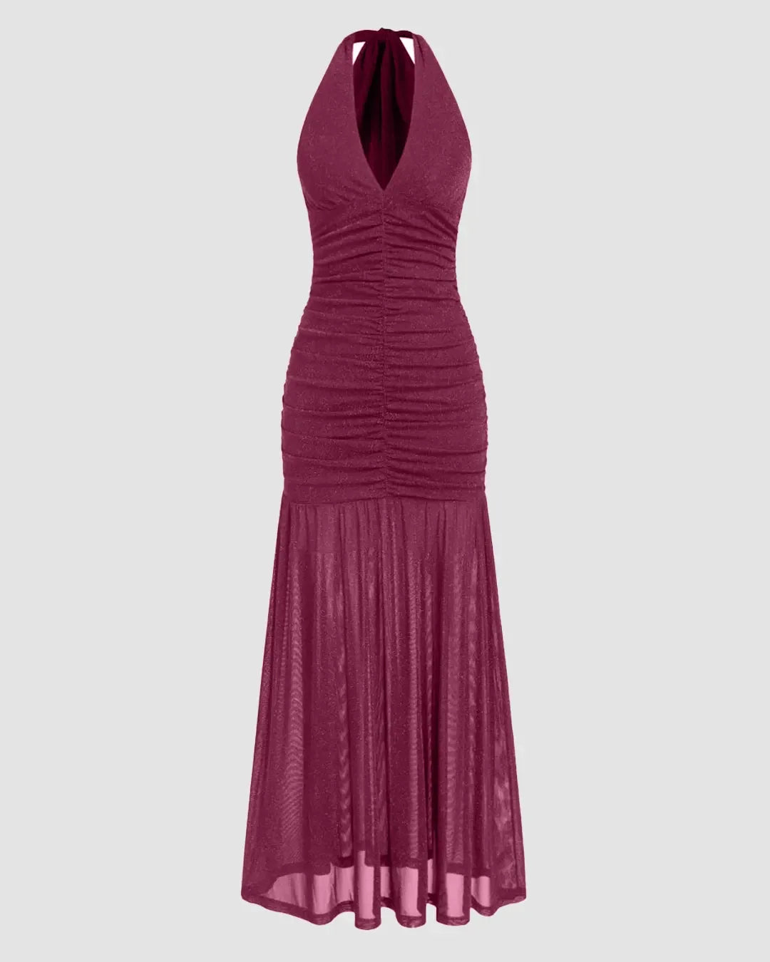 Mesh Halter Neckline Glitter Ruched Maxi Dress in Maroon