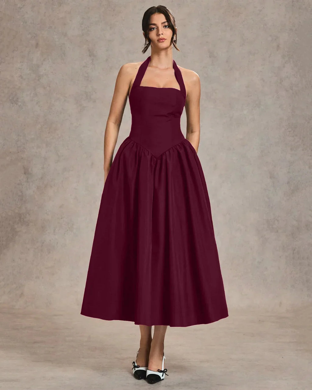 Burgundy Halter Neck A-Line Midi Dress