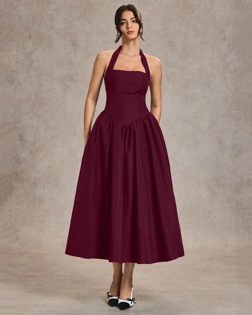 Burgundy Halter Neck A-Line Midi Dress