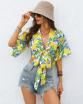 Yellow Floral Print Front Tie Bell Sleeve Top