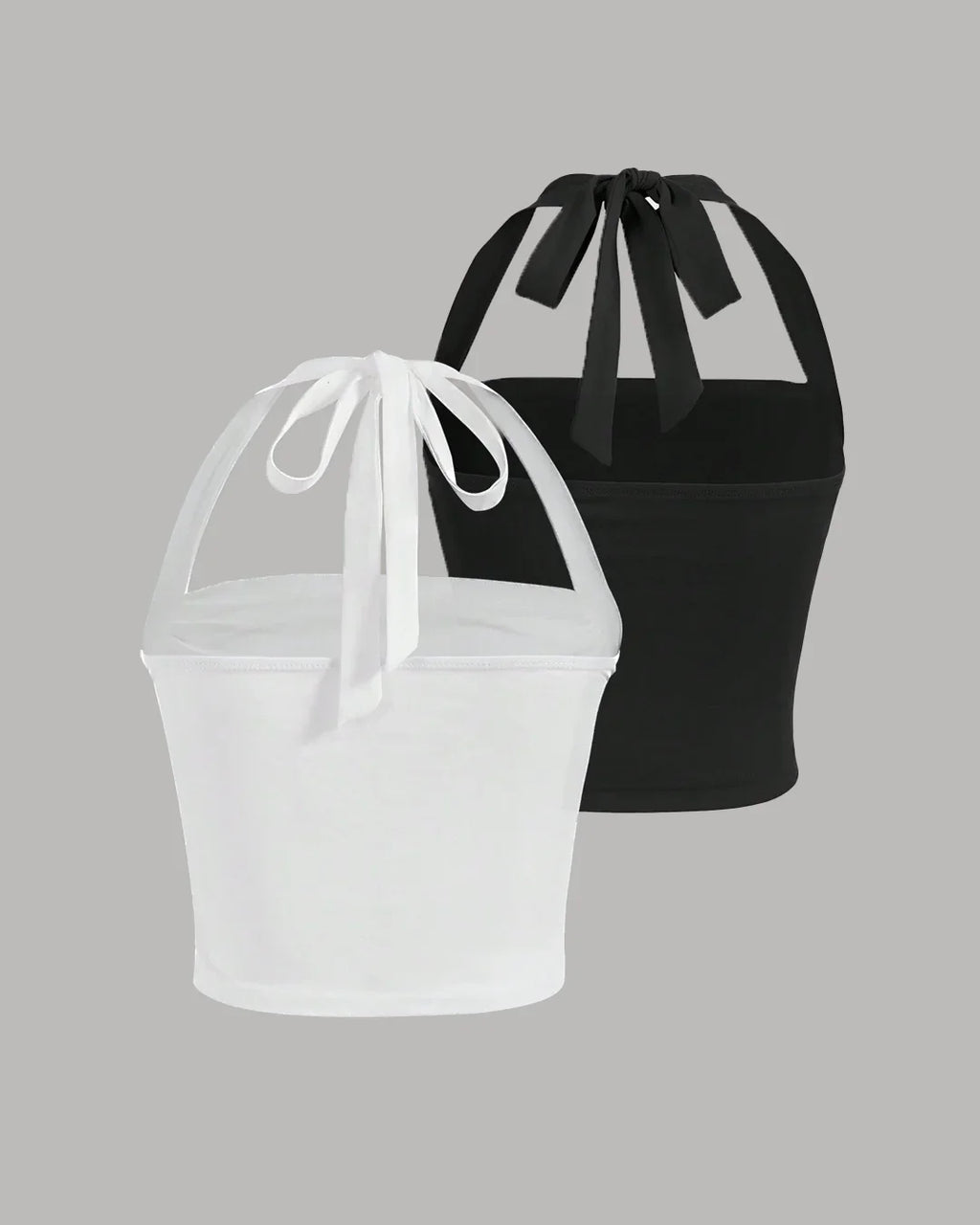 Ruched Strappy Back Halter Crop Tops Combo in White and Black