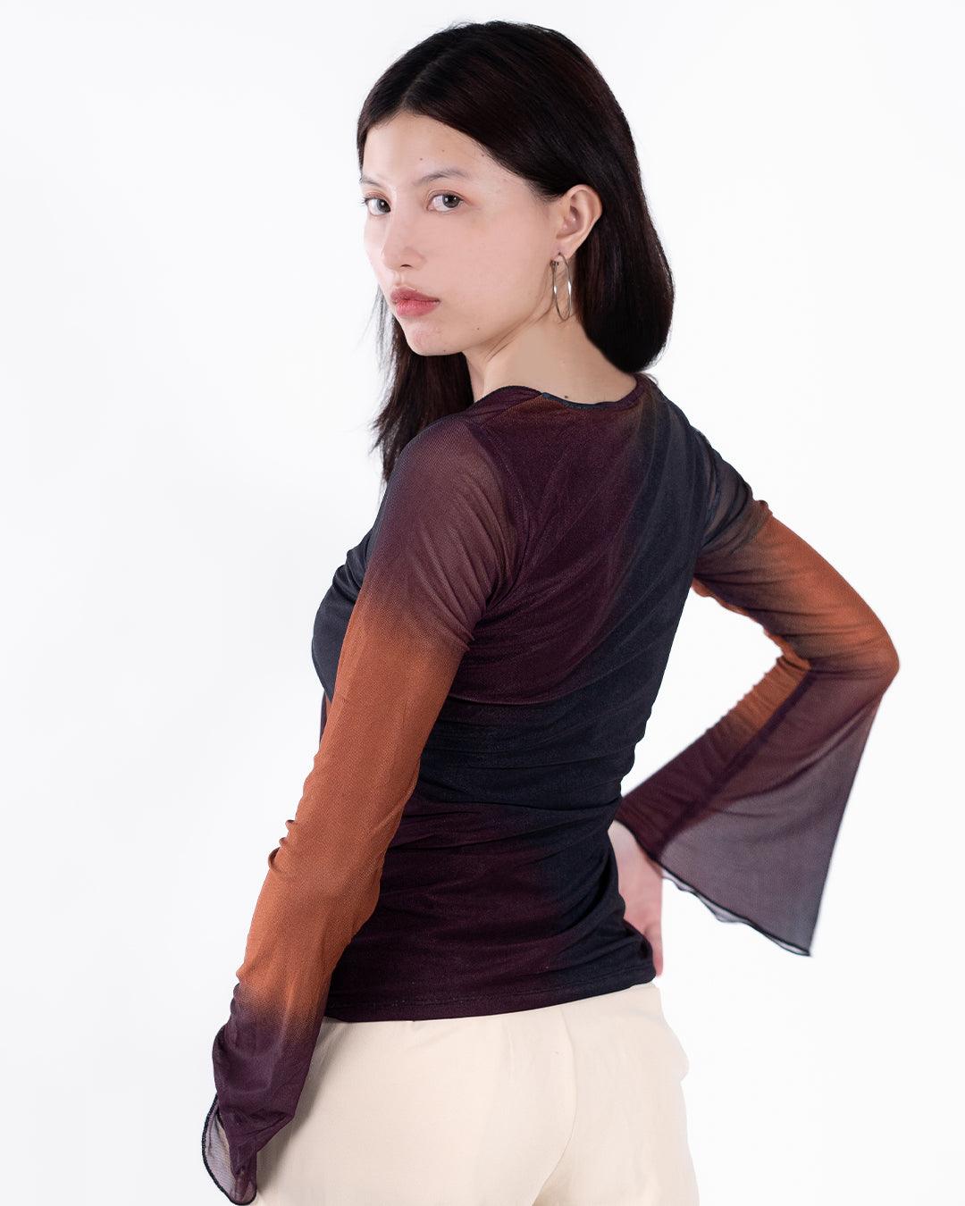 V Neck Front Knot Printed Mesh Flare Long Sleeve Top