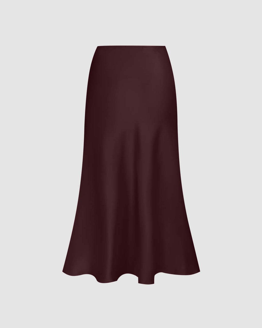 Satin Solid Ruffle Long Skirt In Wine