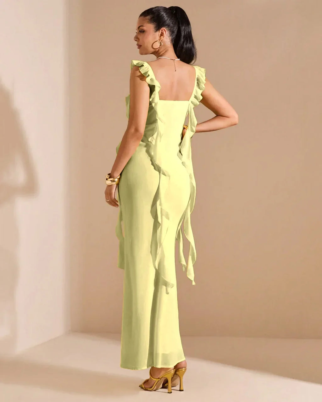 Mesh Ruffle Vanilla Maxi Dress
