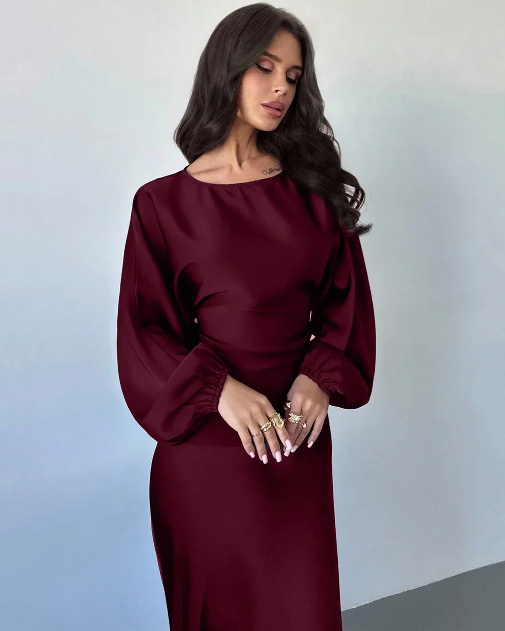 Maroon Long Sleeve Draped Top & Fitted Skirt Co-ords Set