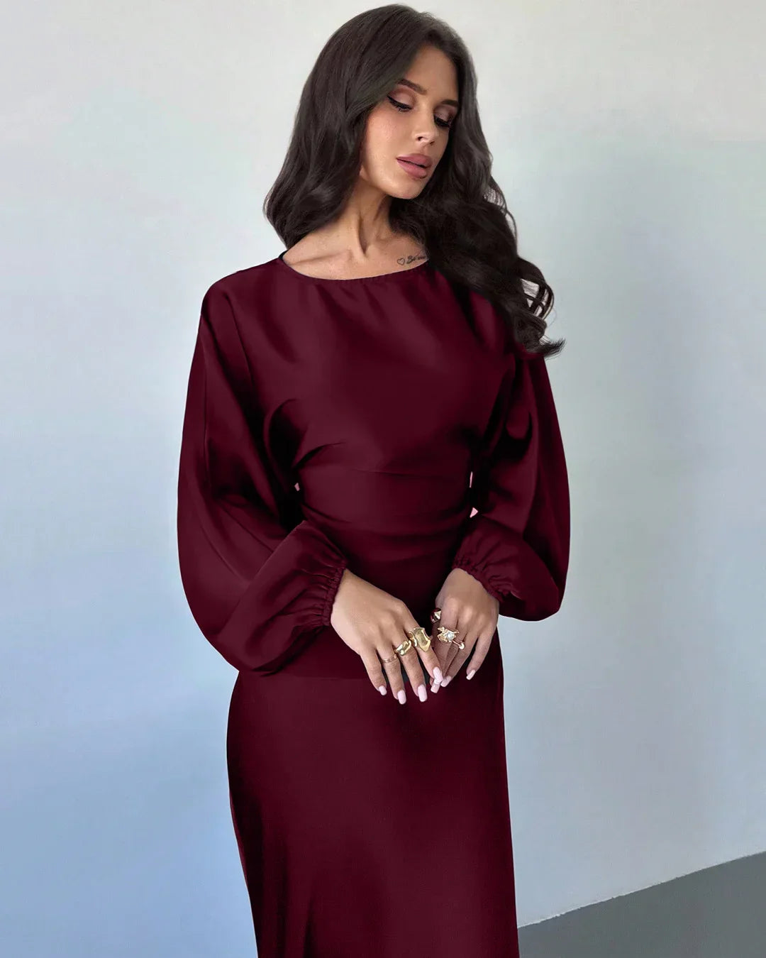 Maroon Long Sleeve Draped Top & Fitted Skirt Co-ords Set