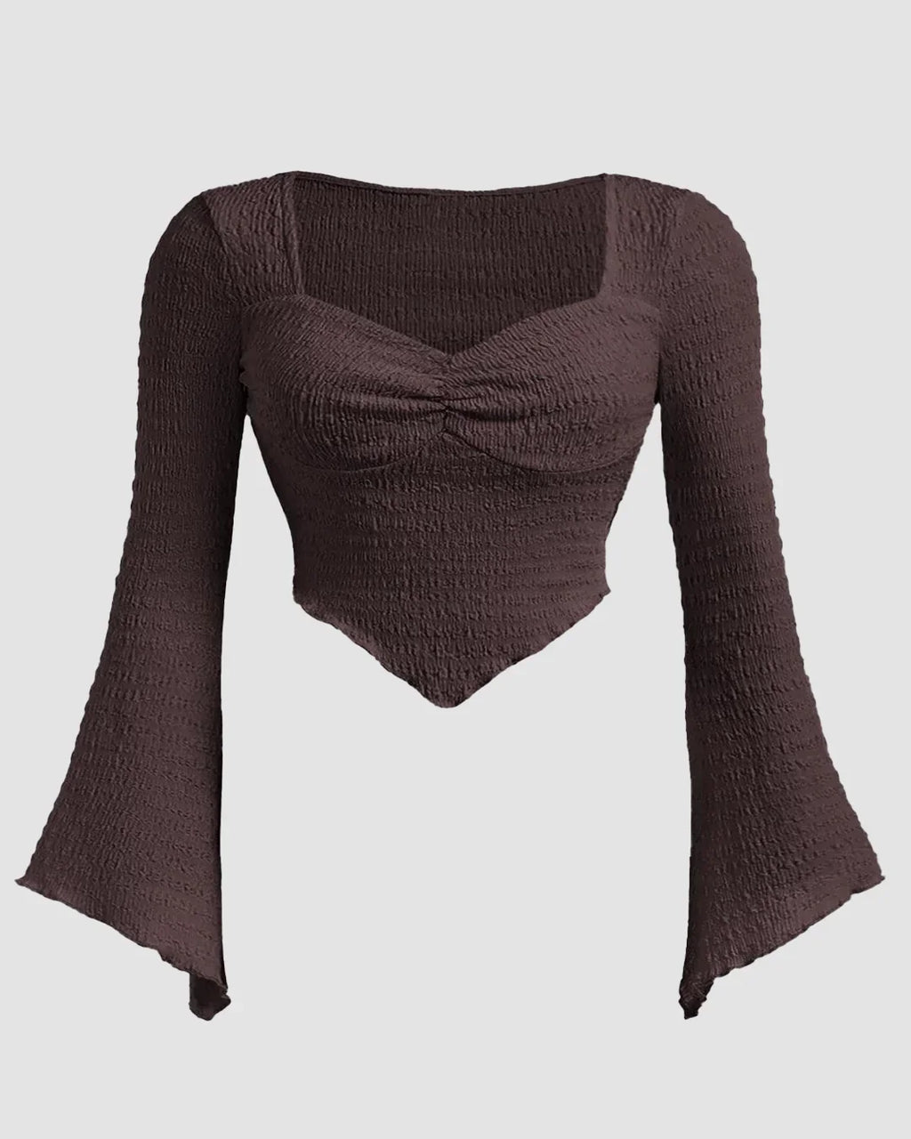 Solid Color Textured Heart Neck Flare Sleeve Casual Long Sleeve Top In Brown Curve & Plus