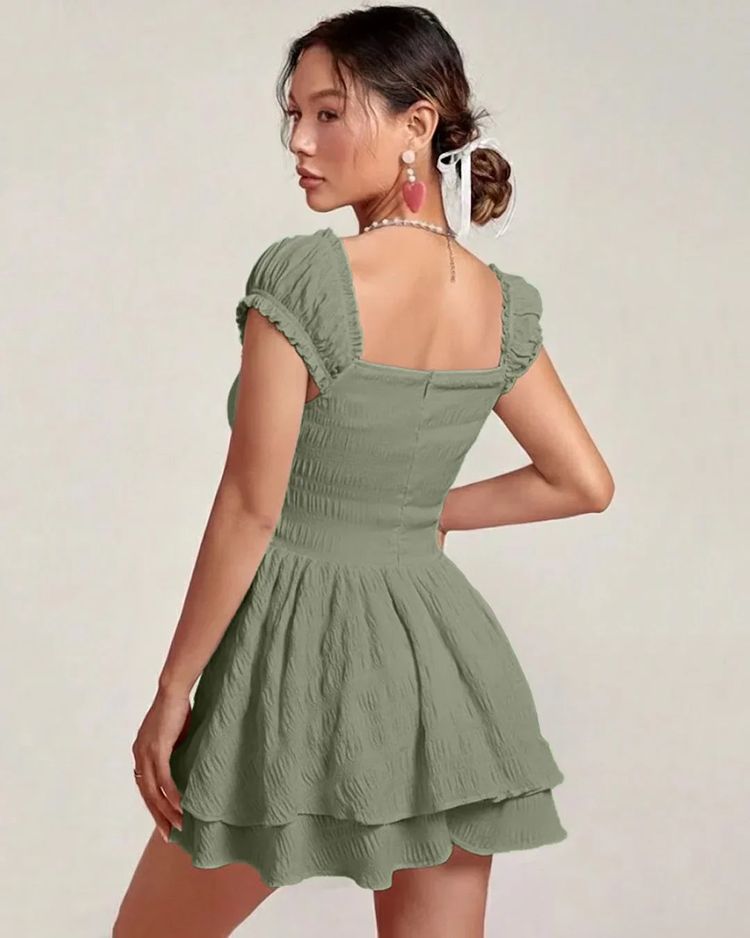 Square Neck Double Layer Short Sleeve Dress In Green