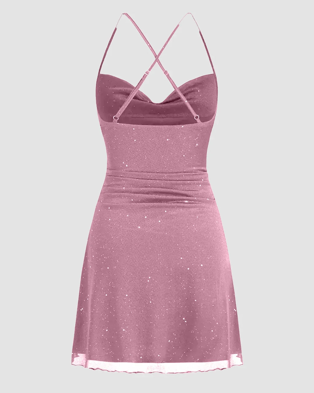 Mesh Cowl Neck Sequin Ruched Mini Dress in Pink