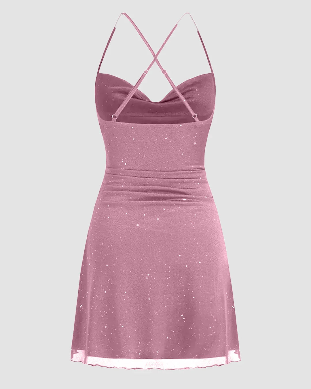 Mesh Cowl Neck Sequin Ruched Mini Dress in Pink