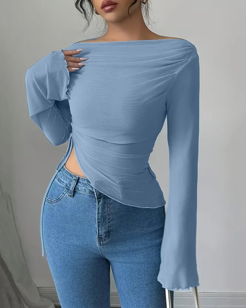 Off-Shoulder Fitted Long Sleeve Stylish Top for Women in Blue