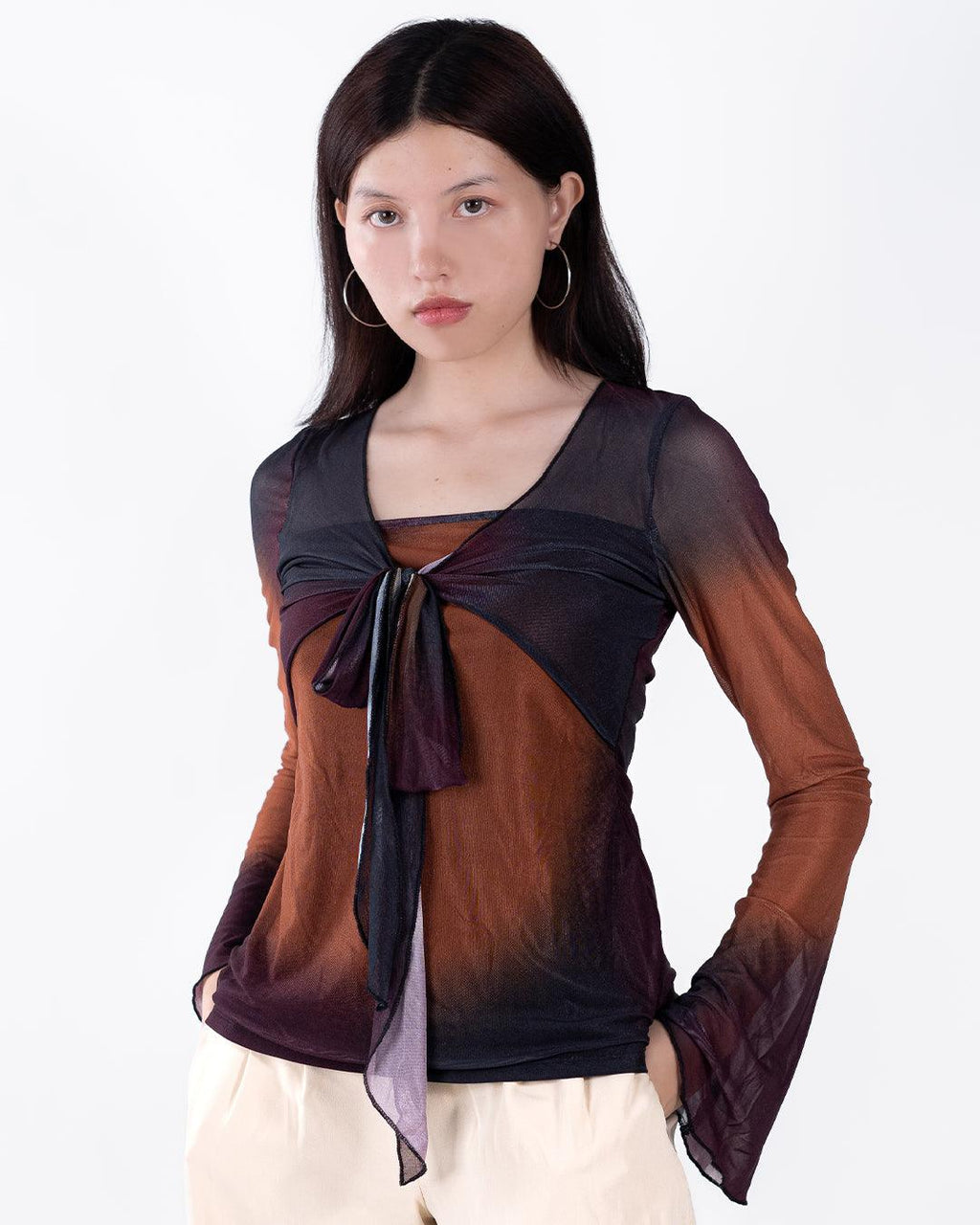 V Neck Front Knot Printed Mesh Flare Long Sleeve Top