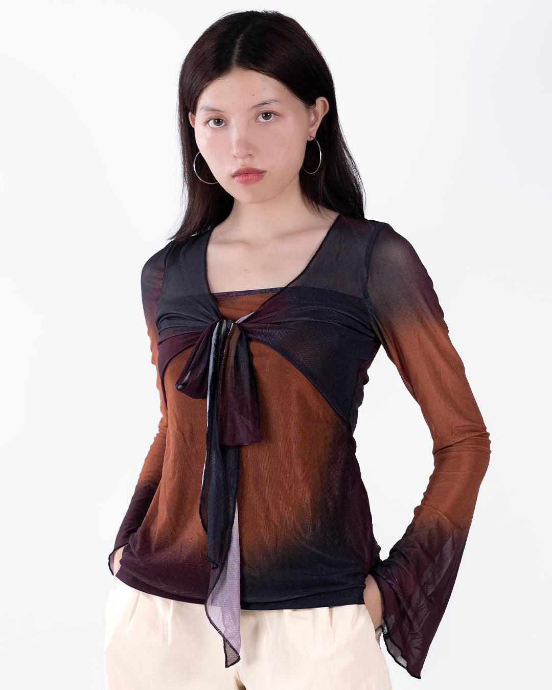 V Neck Front Knot Printed Mesh Flare Long Sleeve Top