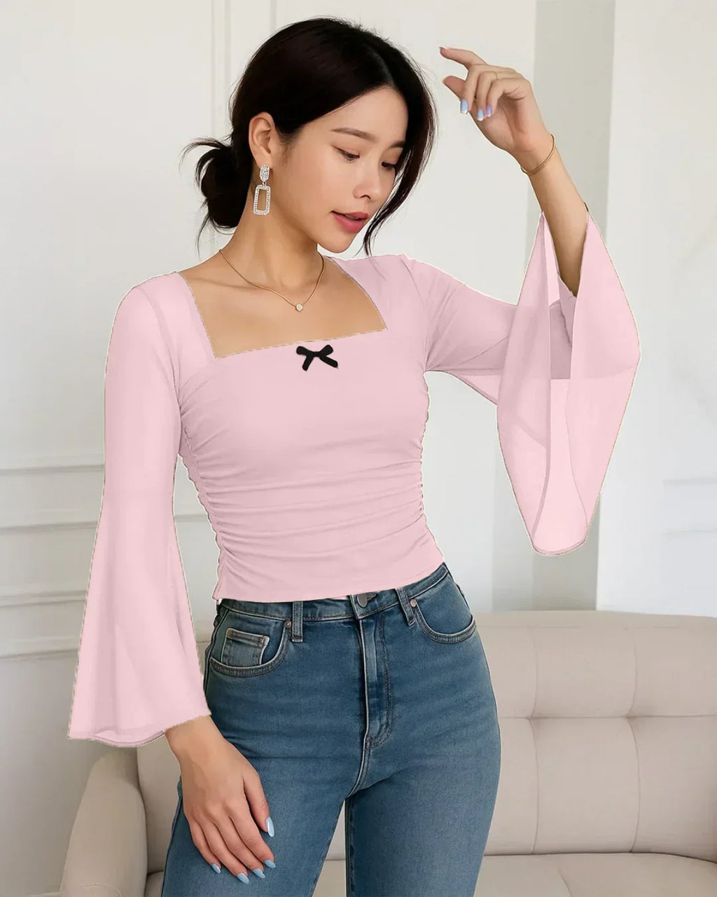 Square Neck Bow Decorated Long Sleeve Light Pink Top
