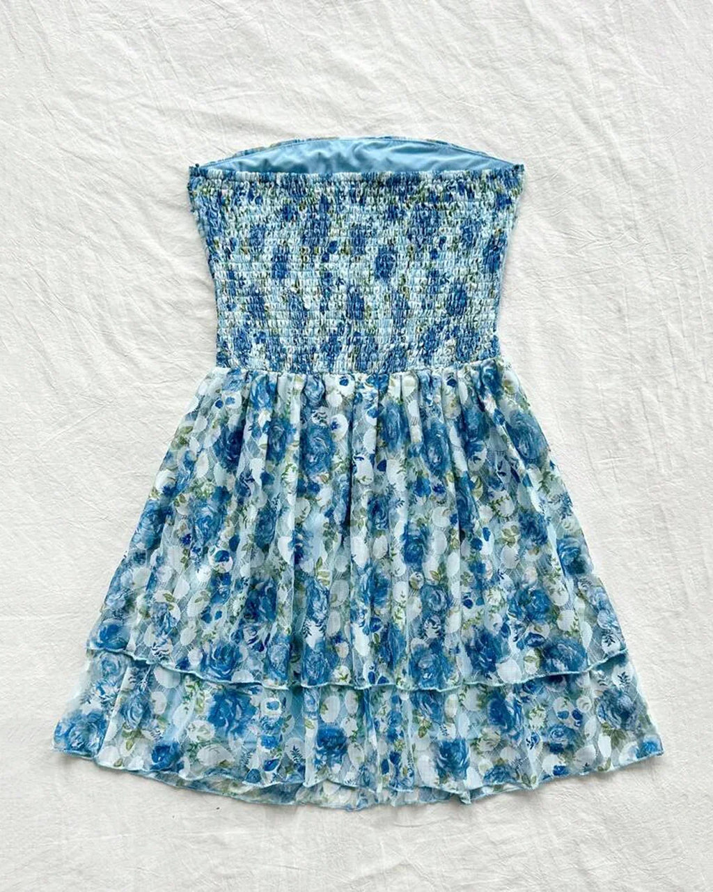 Blue Floral Strapless Ruched Mini Dress