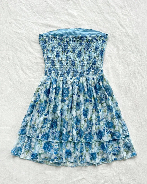 Blue Floral Strapless Ruched Mini Dress
