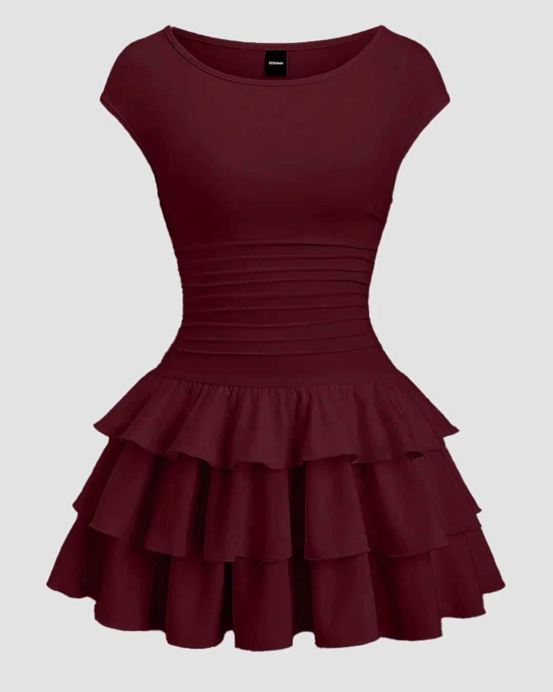 Ruched Waist Tiered Ruffle Mini Dress in Cherry
