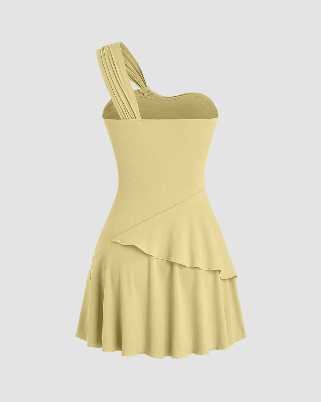 One Shoulder Ruched Layered Mini Dress in Vanilla