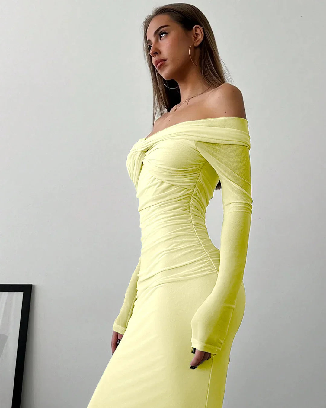 Off Shoulder Mesh Ruched Fitted Dress With Long Sleeve in French Vanilla