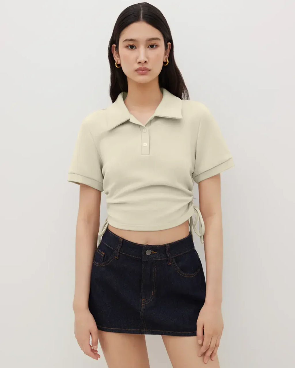 Collar Neck Ruched Side Crop Top in Apricot