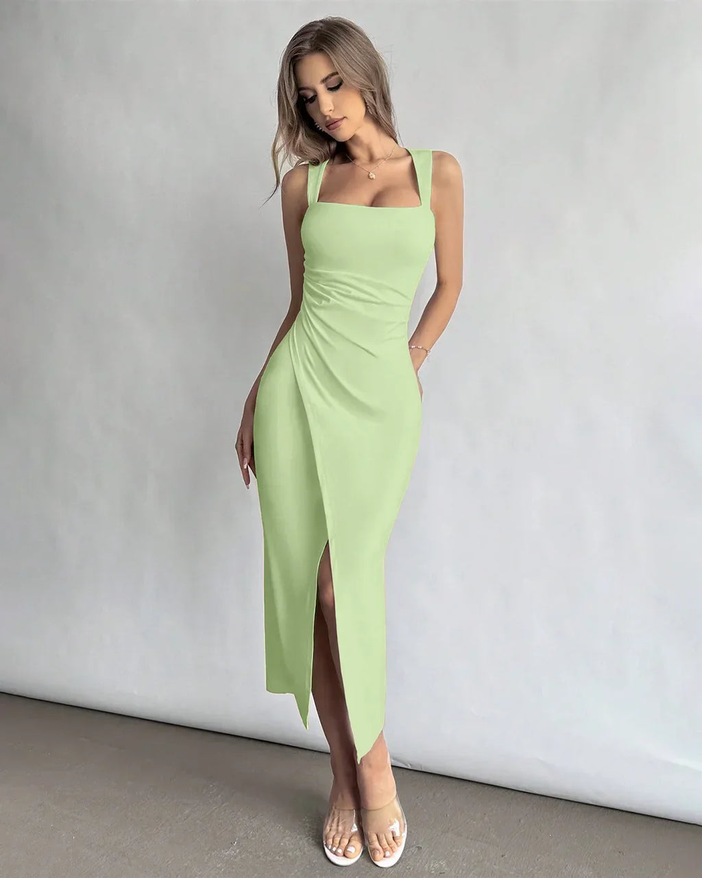 Square Neck Ruched Slit Midi Dress in Herbal Green