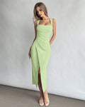 Square Neck Ruched Slit Midi Dress in Herbal Green