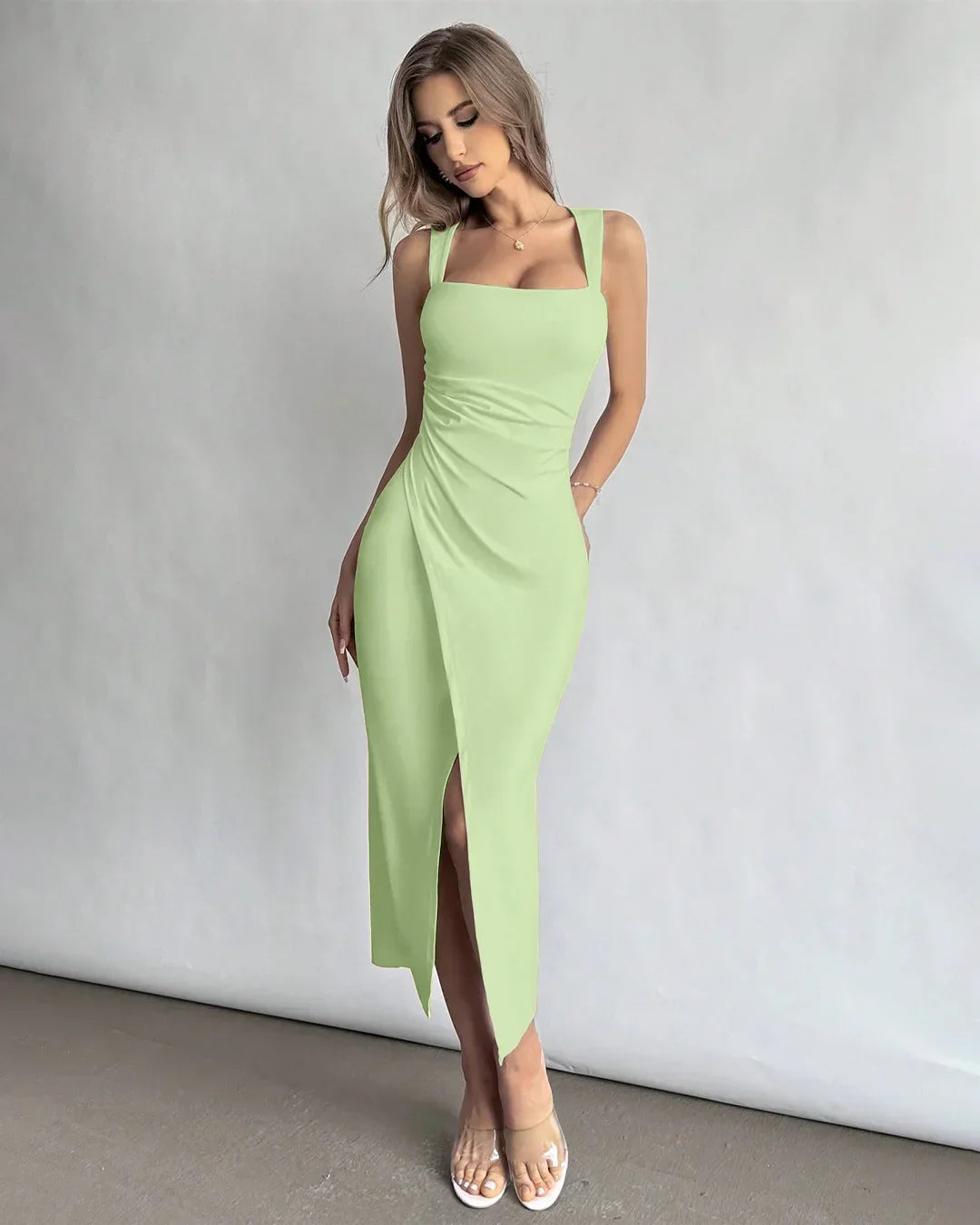 Square Neck Ruched Slit Midi Dress in Herbal Green