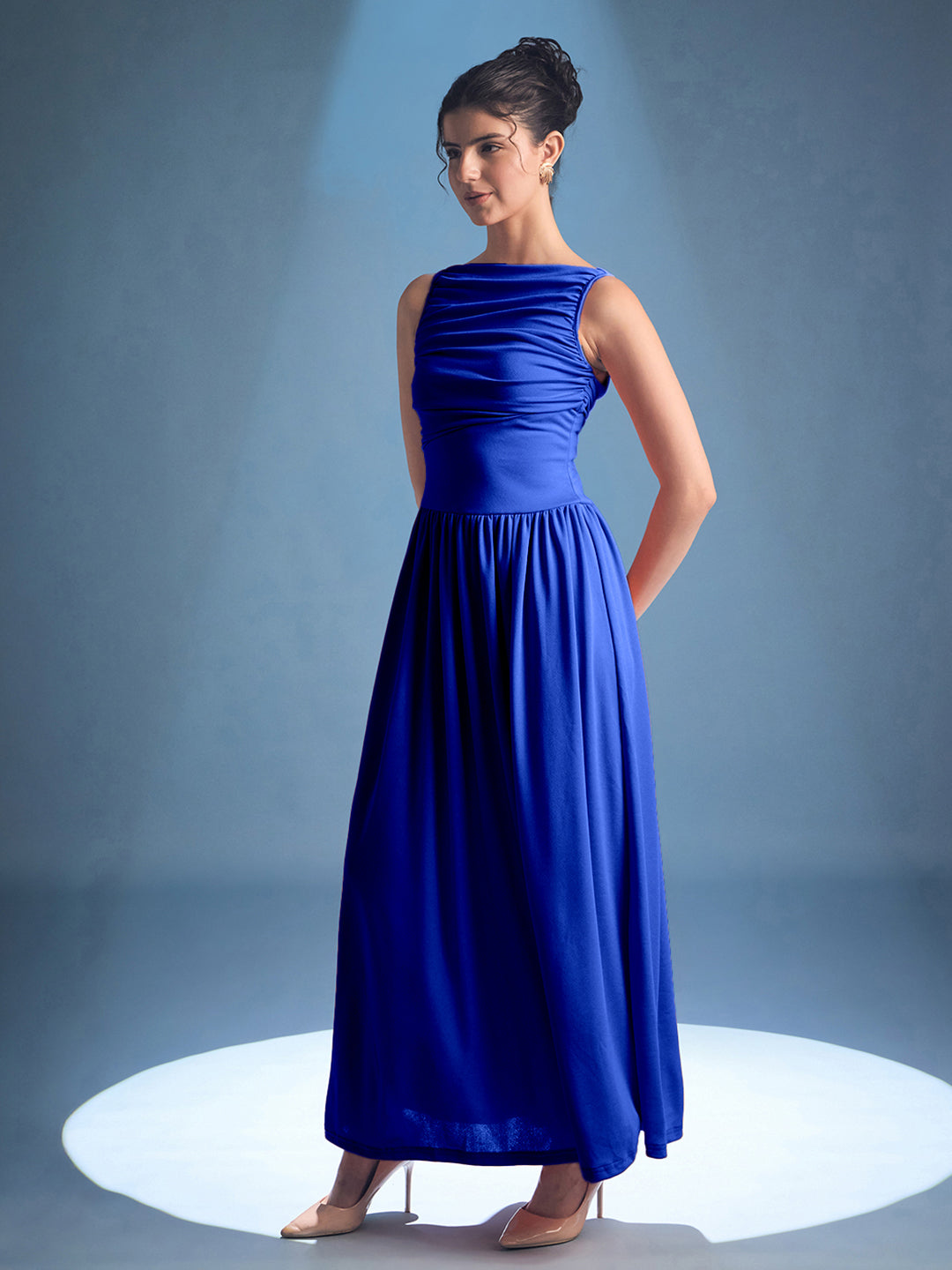 Stretchable Gathered Drop Waist Maxi Dress