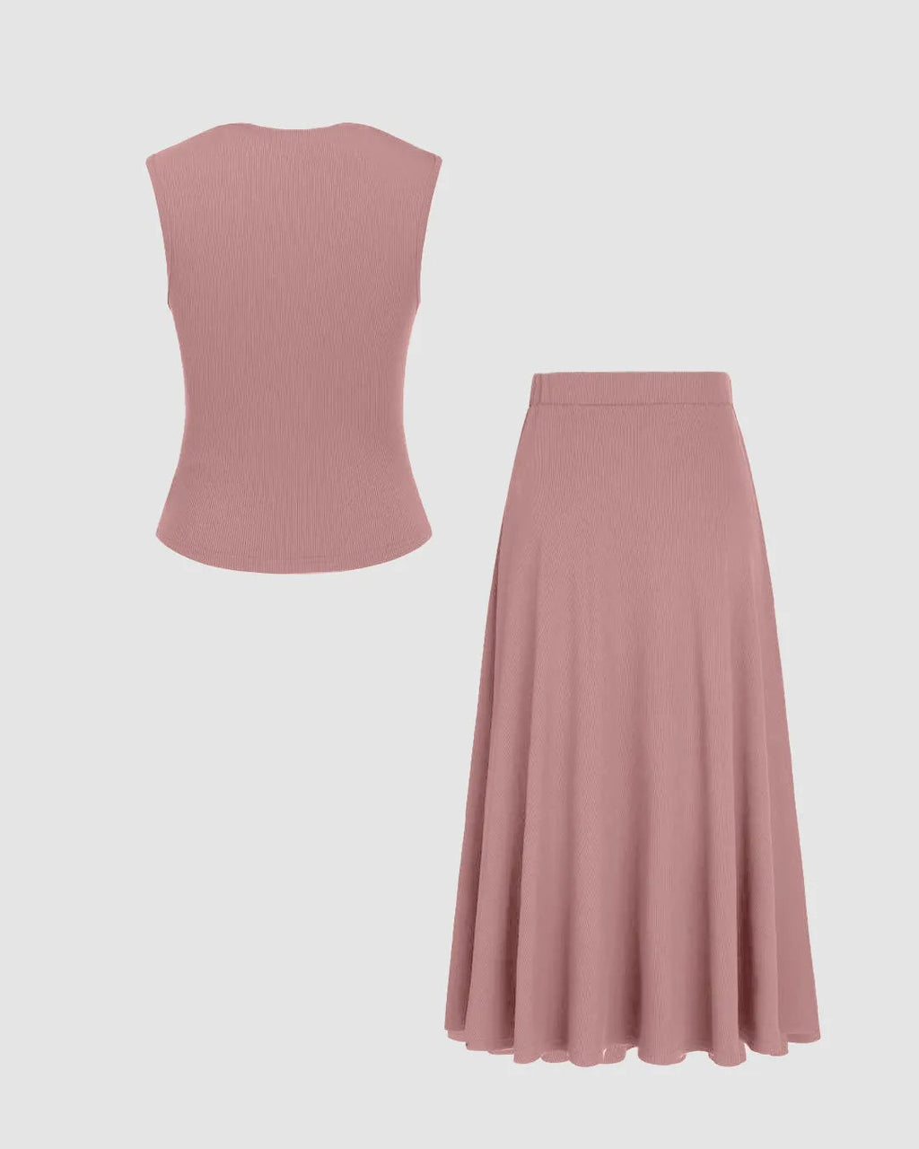 Rib Round Neck Solid Tank Top & Mid Waist Ruffle Midi Skirt In Pink