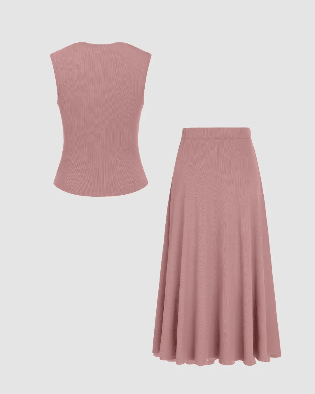 Rib Round Neck Solid Tank Top & Mid Waist Ruffle Midi Skirt In Pink