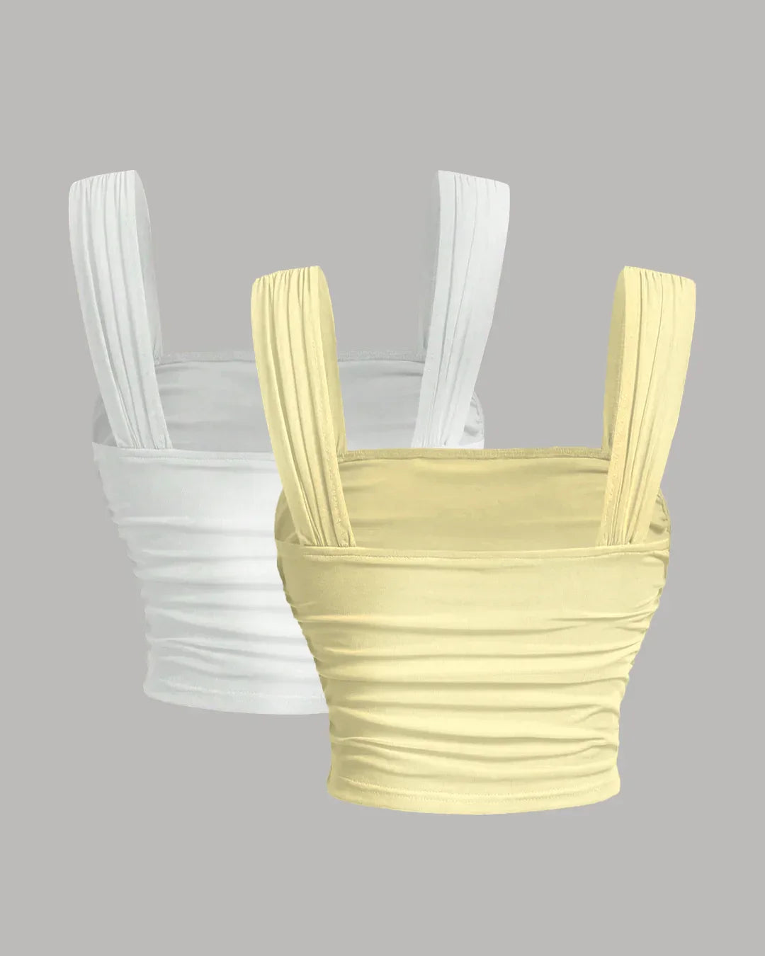 Twin Pack Ruched Square Neck Tops  In White and French Vanilla