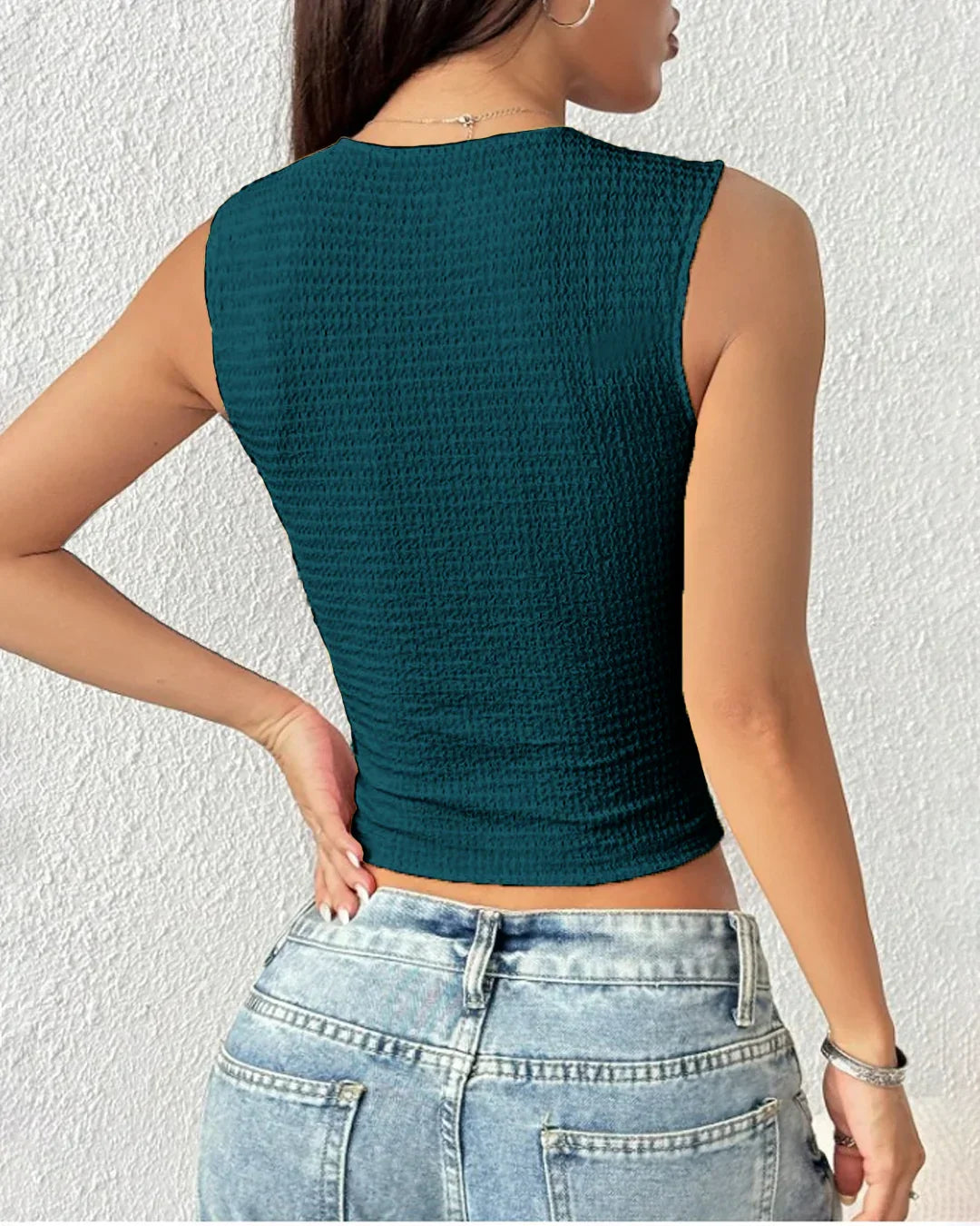 Sleeveless Textured Button Front Crop Top In Teal Blue