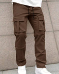Men Solid Color Front Tie Pocket Simple Casual Straight Leg Cargo Pants In Chocolate Brown