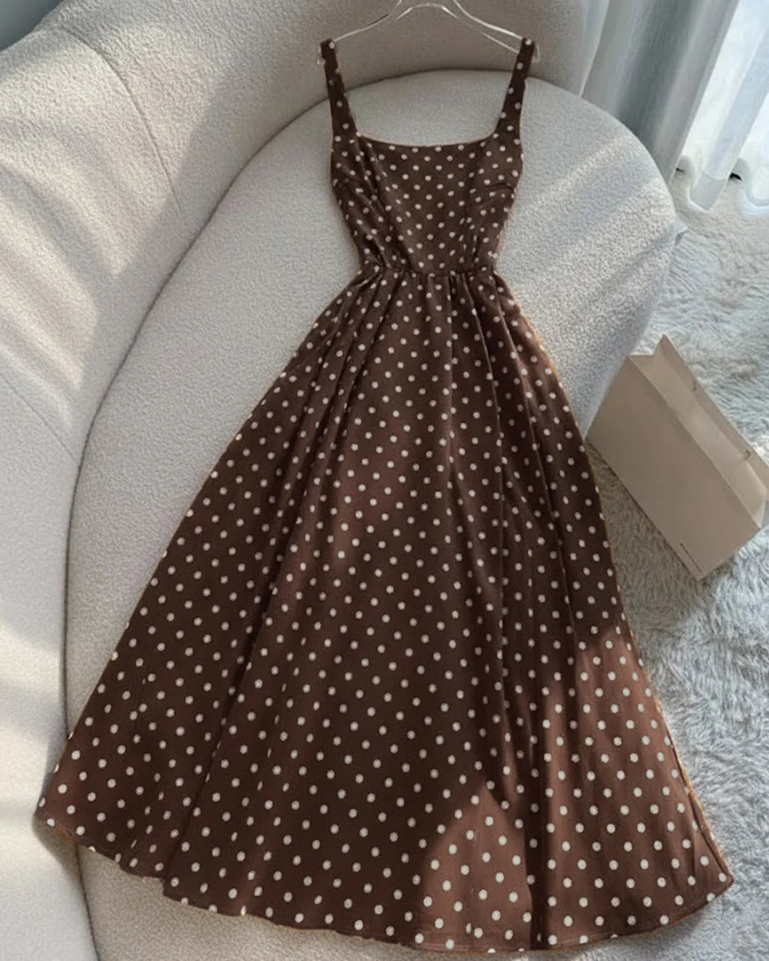 Brown Polka Dot Print Spaghetti Strap Sleeveless A-Line Midi Dress