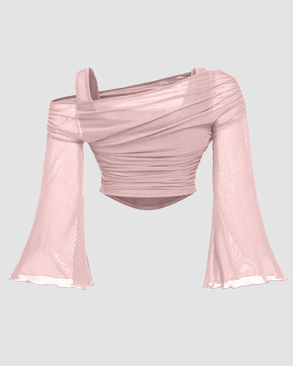 Mesh Off-Shoulder Long Sleeve Light Pink Top Curve & Plus