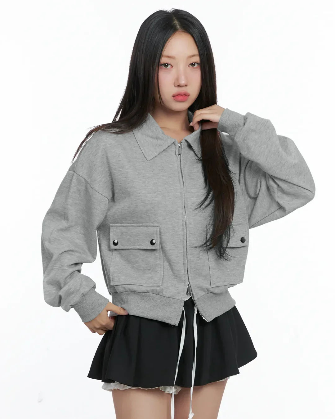Mélange Zip Up Collar Long Sleeve Jacket with Front Pockets
