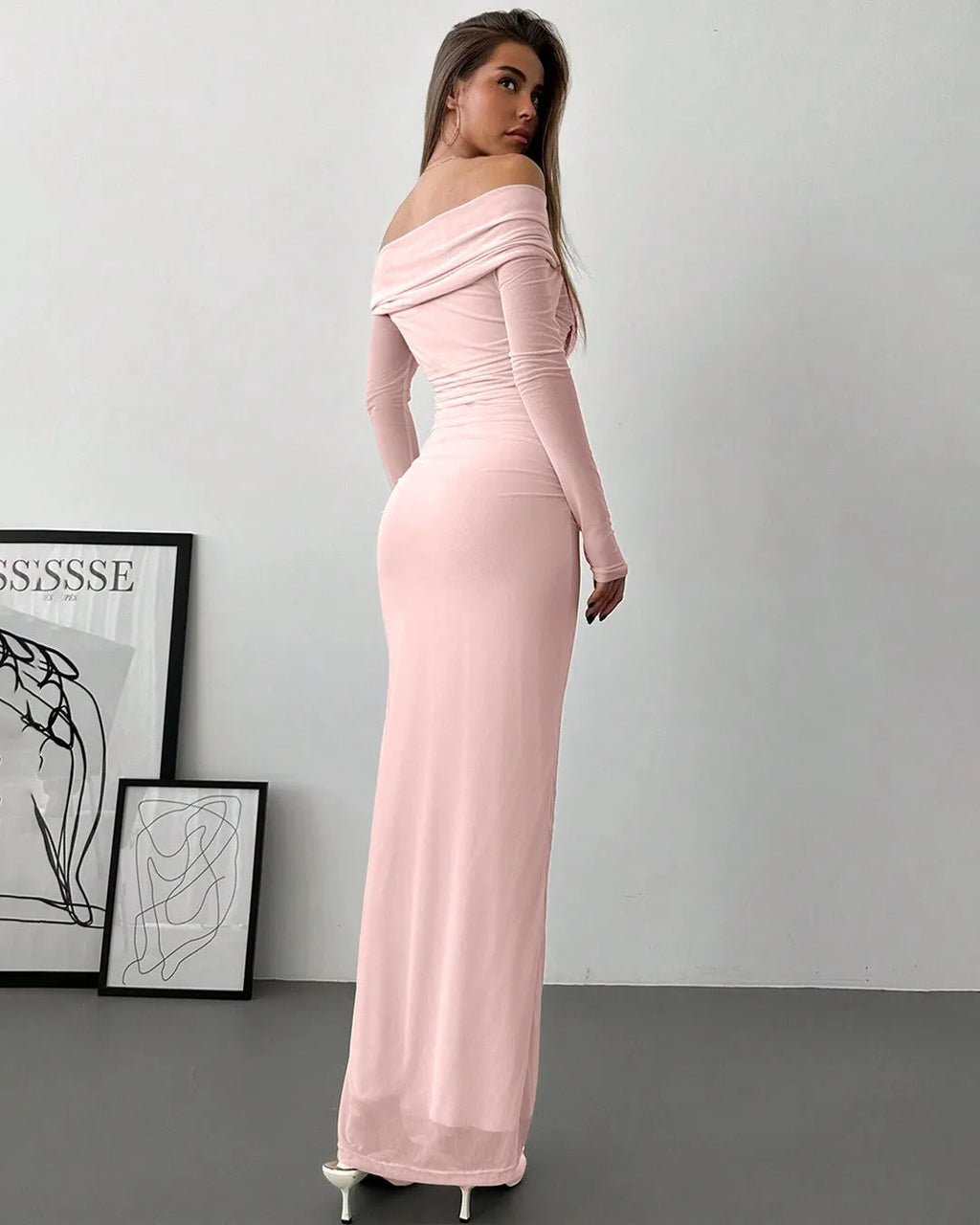 Off Shoulder Mesh Ruched Fitted Dress With Long Sleeve In Light Pink