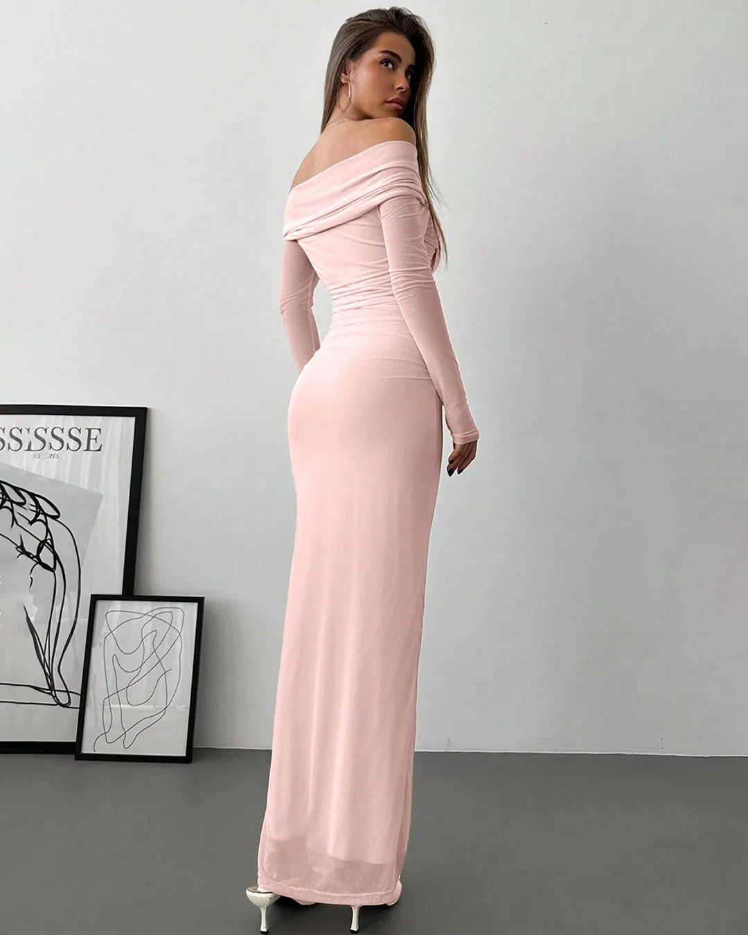 Off Shoulder Mesh Ruched Fitted Dress With Long Sleeve In Light Pink