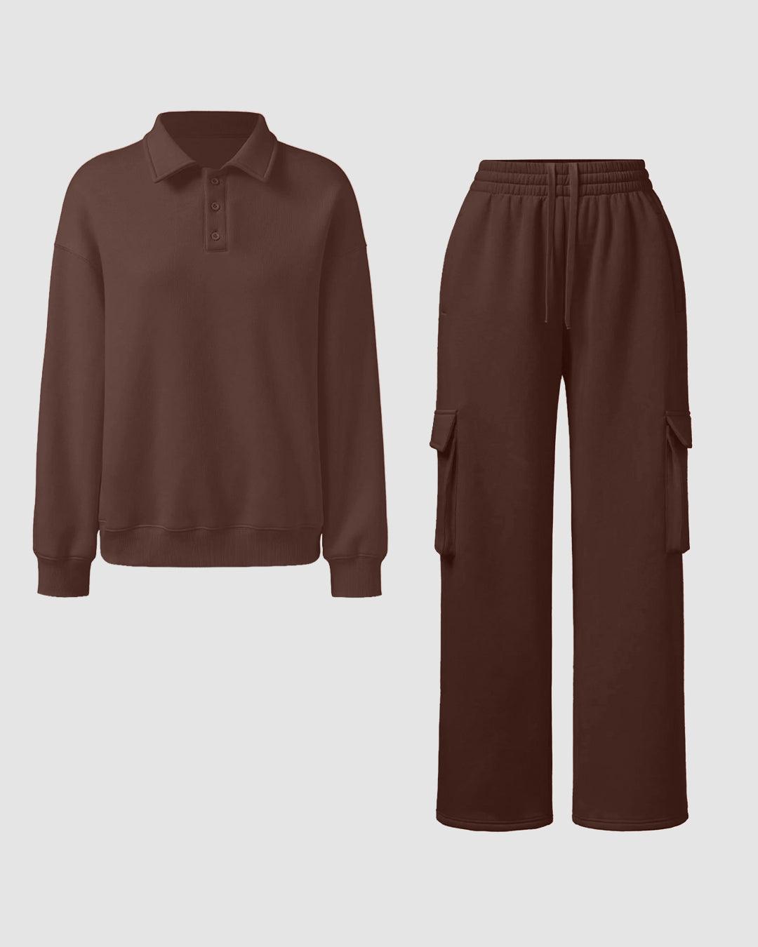 Polar Fleece Polo Sweatshirt & Elastic Waist Cargo Pants Two Piece Set Chocolate Brown