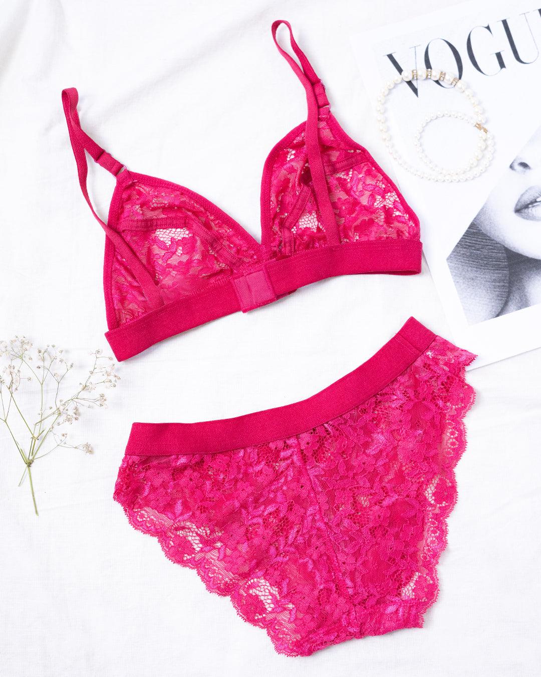 Lace Trim Seamless Bra and Mesh Eyelash Panty Set In Hot Pink