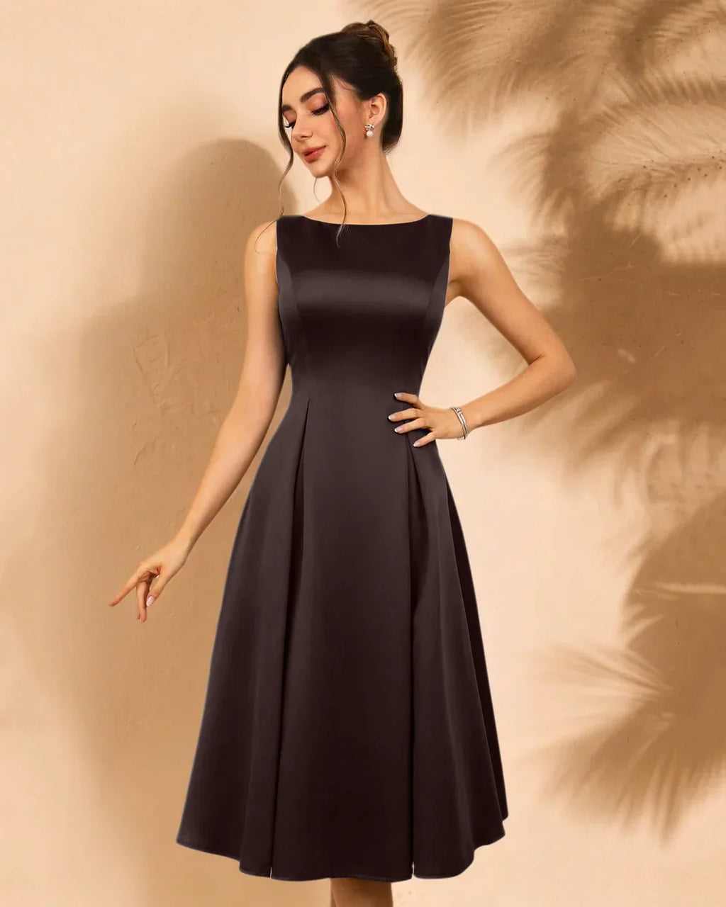 Sleeveless Round Neck Flared Midi Dress in Coffee