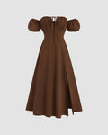 Off-Shoulder Puff Sleeve Solid Color Cinched Maxi Dress In English Brown