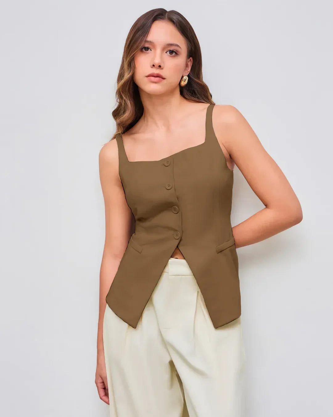 Sleeveless Button Down Corset Style Top in Mud Brown