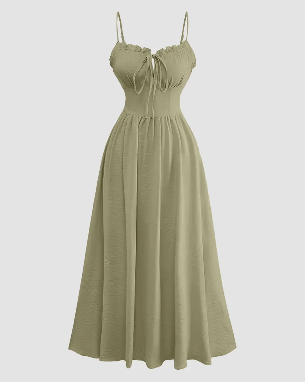 Spaghetti Strap Ruched Bust A-Line Maxi Dress in Herbal