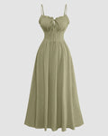 Spaghetti Strap Ruched Bust A-Line Maxi Dress in Herbal