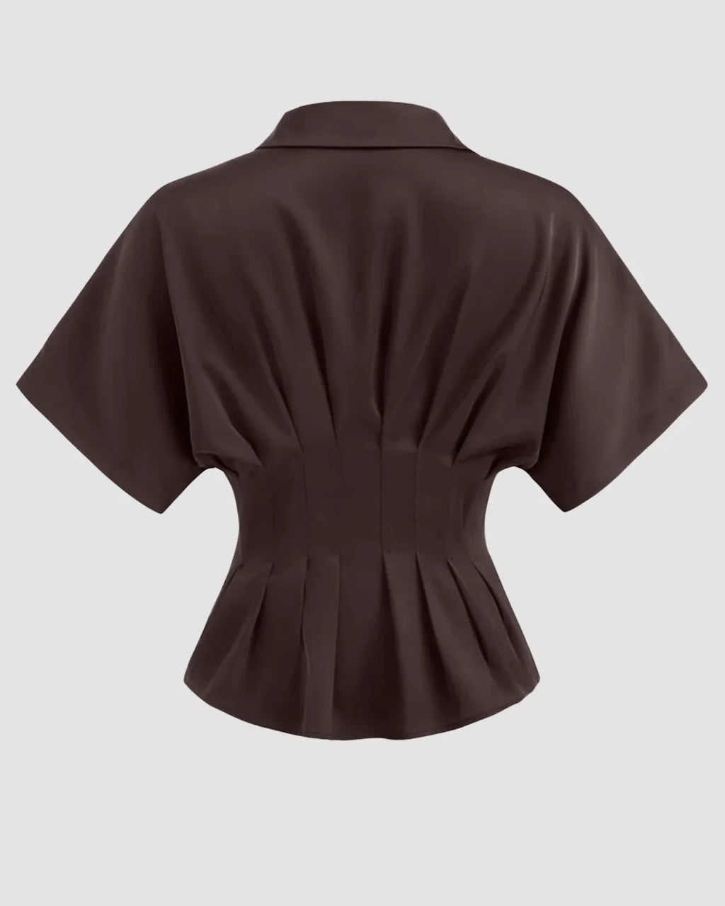 Satin Collar Pleated Cinched Short Sleeve Shirt in coffee